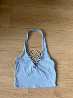 Express Light Blue Lace-Up Halter Crop Top